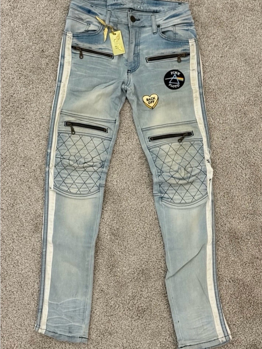 Robin's Jean Men's Light Blue Quilted Knee Skinny Jeans with White Side Stripes